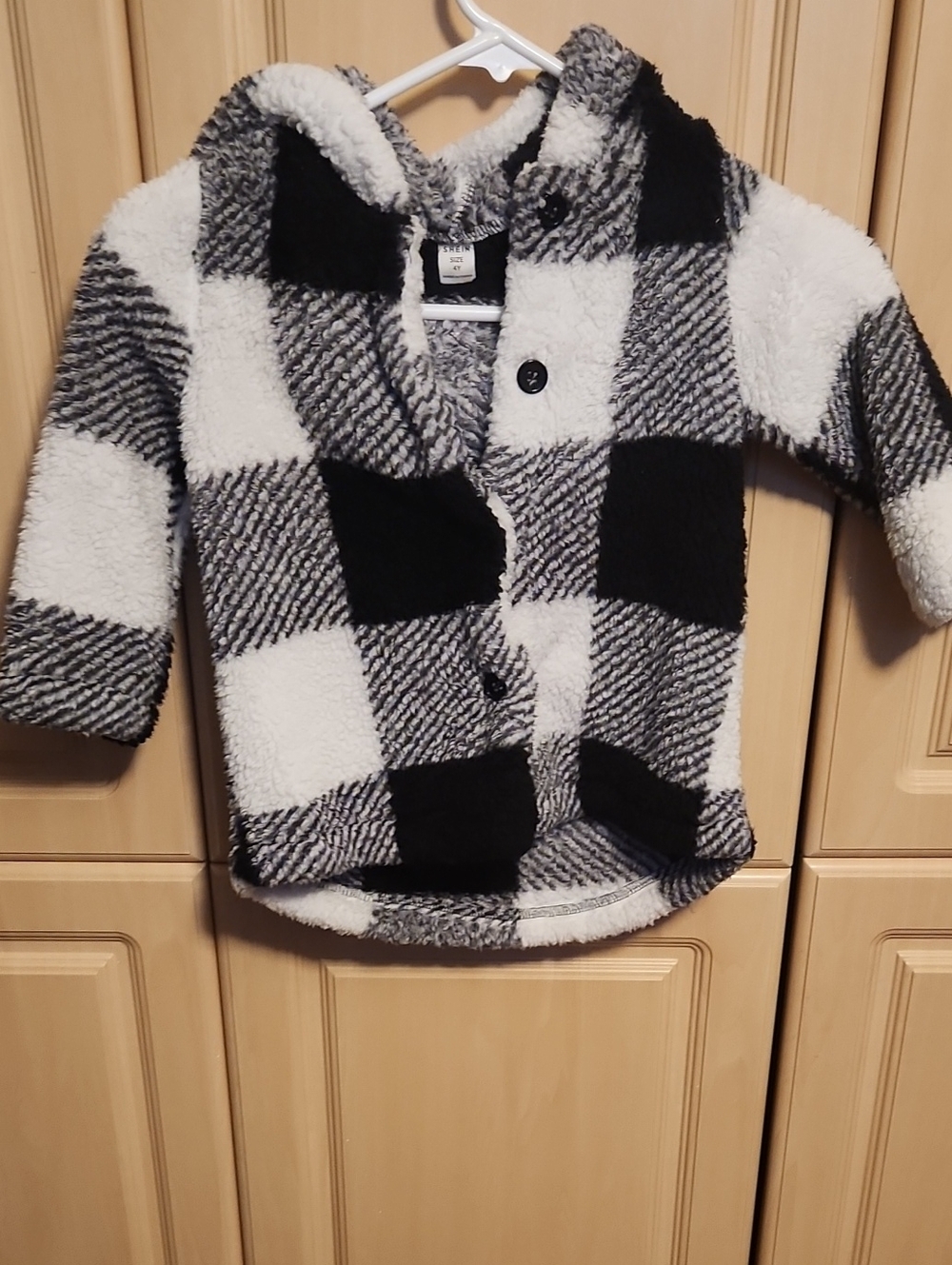 SHEIN Black & White Buffalo Plaid Sherpa Hooded Button Jacket - Kids